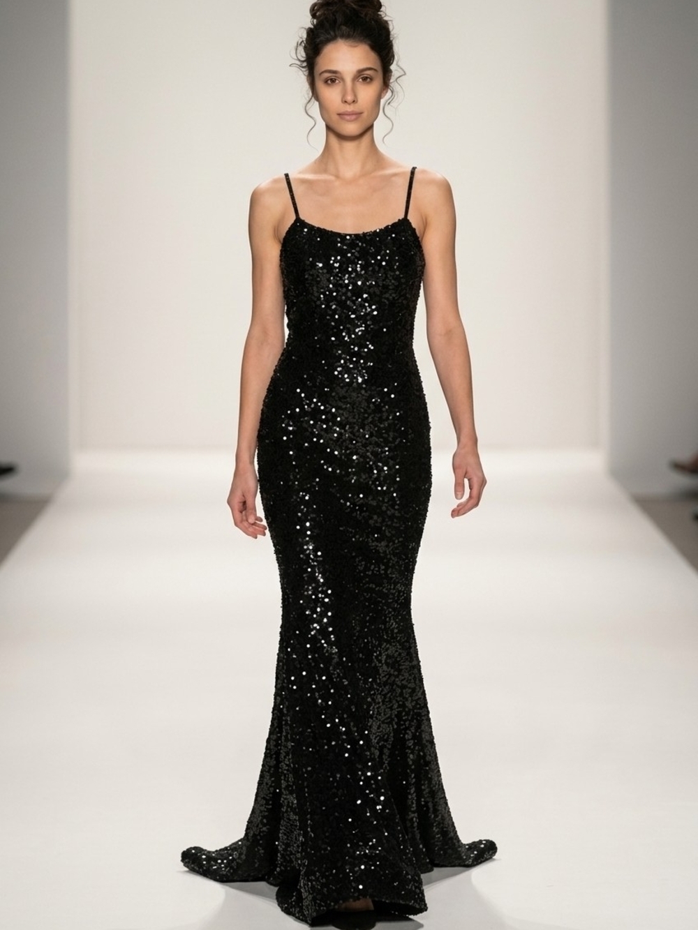 Mon Cheri Black Sequined Spaghetti-Strap Maxi Gown